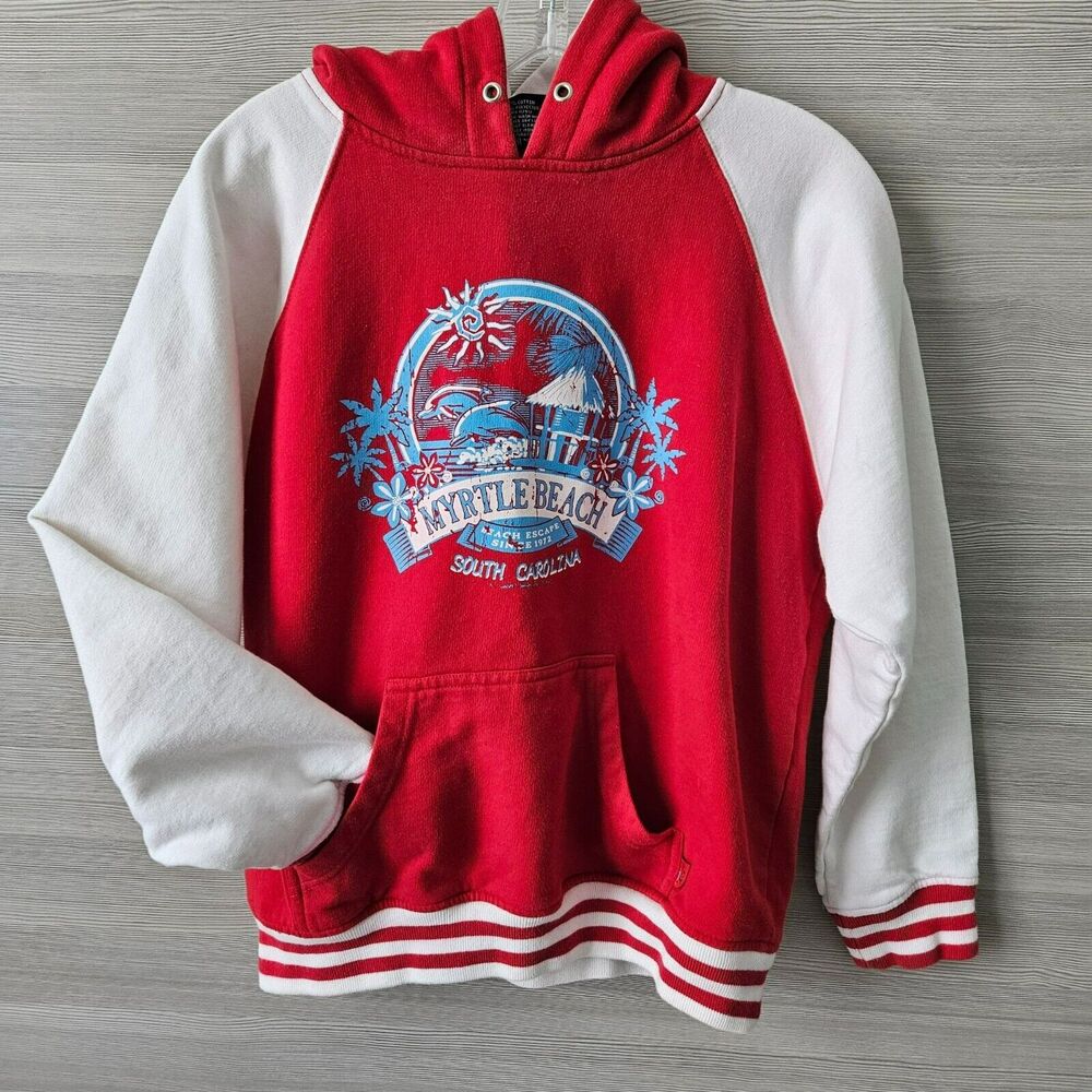 Myrtle Beach South Carolina Red White Raglan Hoodie Sweatshirt 3 Stripe Vtg Flaw